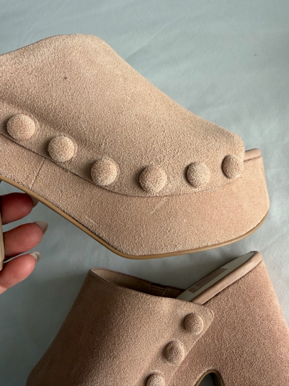 Dolce Vita "Emol" Blush Pink Tan Suede Platform Clog Mules Open Toe Sandal 70s - Picture 12 of 16